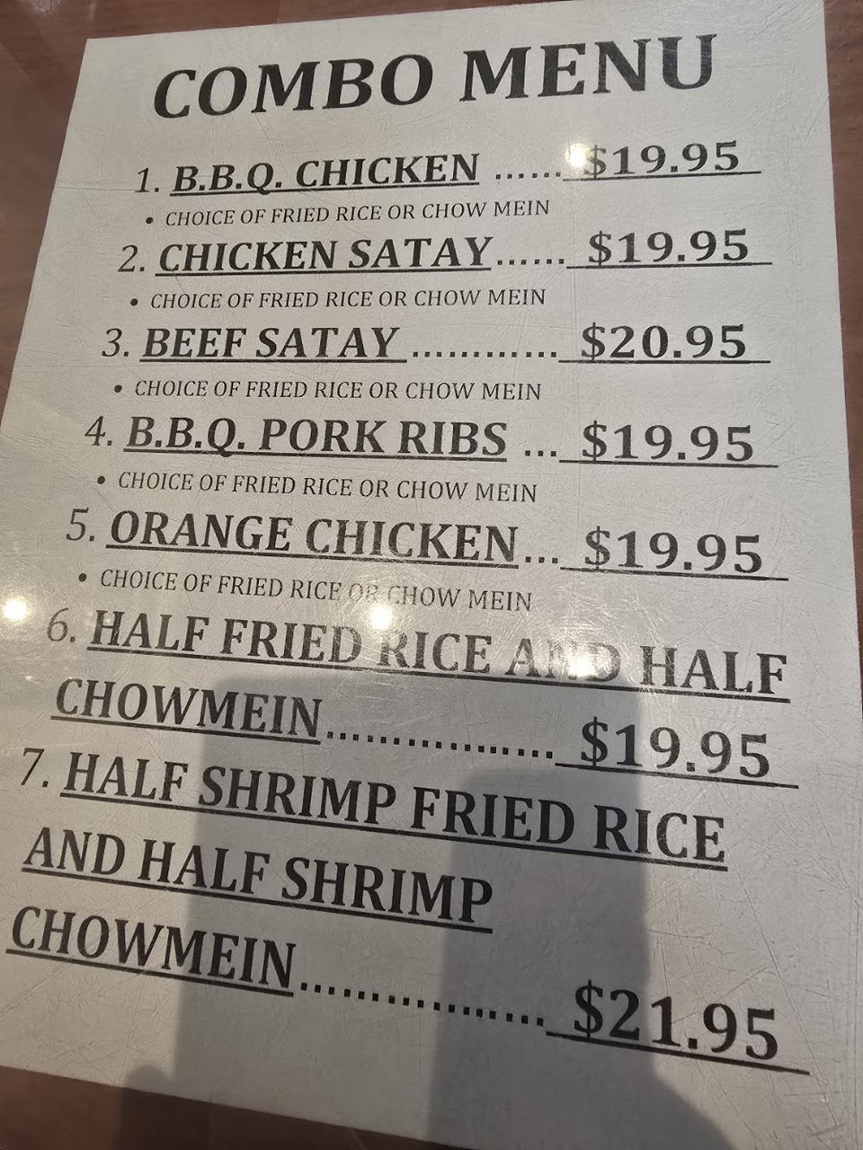 Printed menu with soups and chow mein.